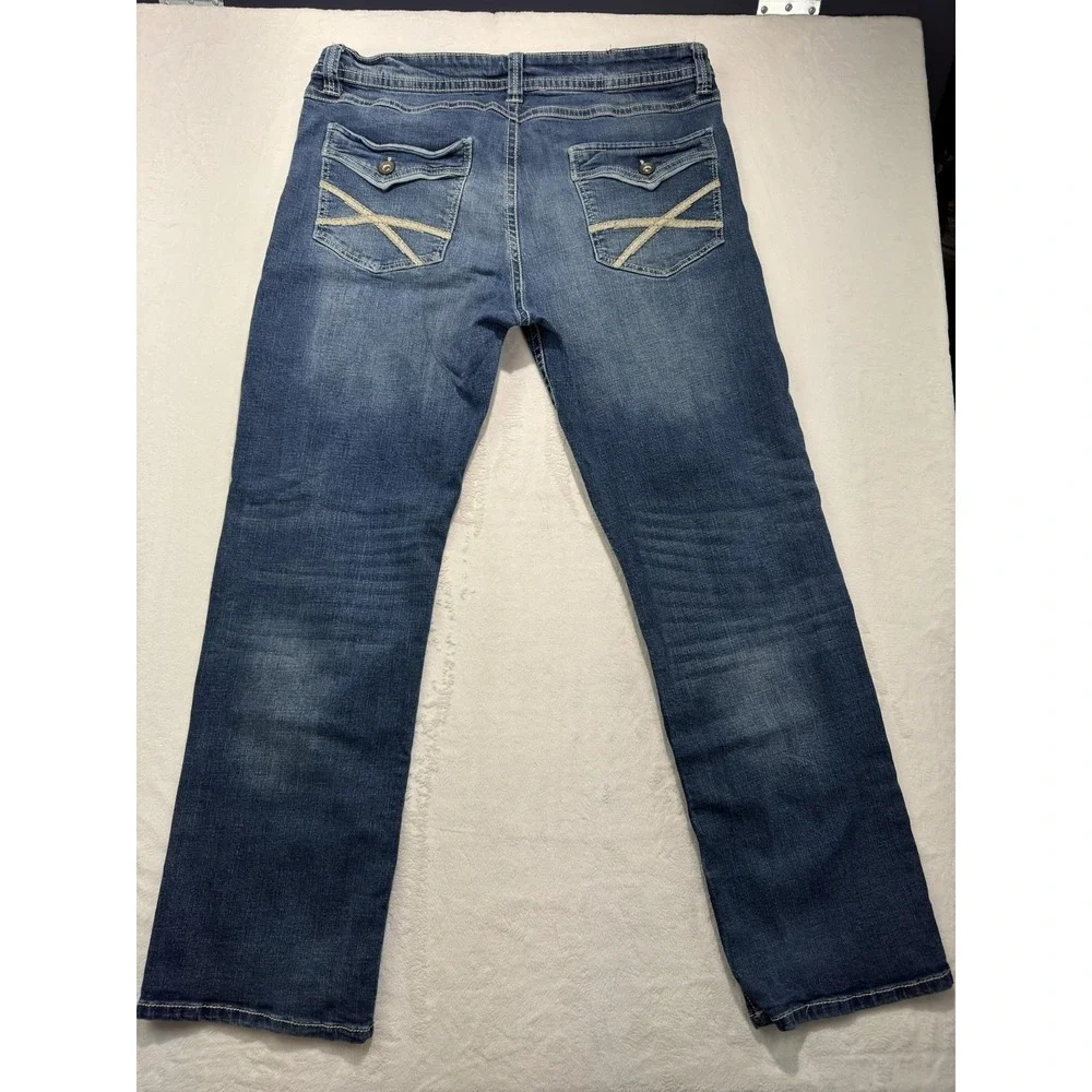 TK Axel Jeans Mens 36x30 Blue Denim Slim Bootcut Medium Wash Embroidered Pockets